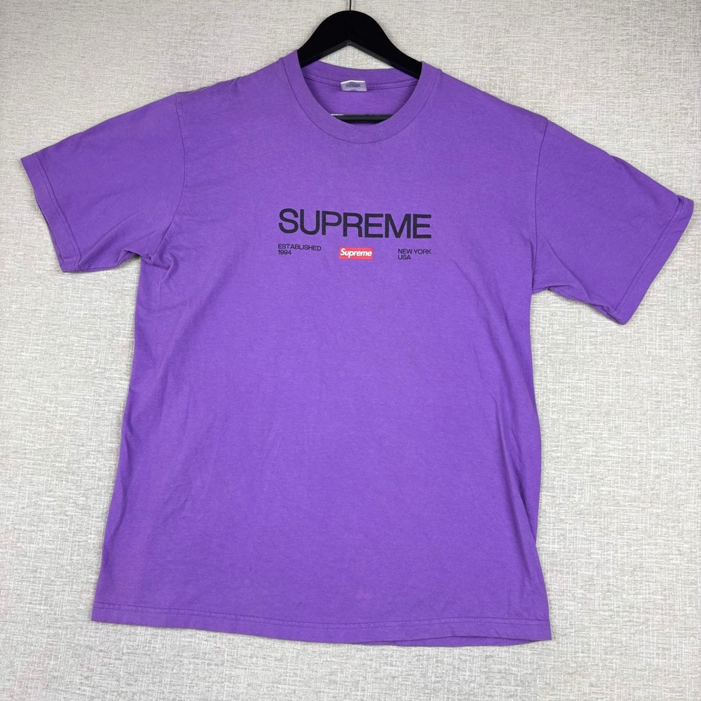 Supreme Mens Large Established 1994 Box Logo T-Shirt Purple Cotton Short Sleeve